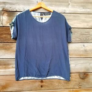 100% SILK Vida Blouse, Medium. Blue Front and Texture Design Back